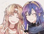  2girls armor artist_request blonde_hair blue_hair blush cape dress fingerless_gloves fire_emblem fire_emblem:_kakusei gloves hair_between_eyes long_hair looking_at_viewer lucina multiple_girls nintendo open_mouth pointy_ears princess_zelda simple_background smile super_smash_bros. the_legend_of_zelda the_legend_of_zelda:_a_link_between_worlds tiara v 