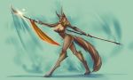  2019 anthro big_breasts breasts canid canine canis digitigrade female green_background mammal melee_weapon navel nipples nude polearm simple_background solo spear standing watsup weapon wolf 