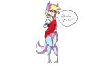  2016 anthro blonde_hair blush breasts canid canine chest_tuft clothing dialogue digitigrade dress female fox green_eyes hair hi_res long_hair looking_at_viewer mammal nipples pussy simple_background smile solo standing talking_to_viewer tuft watsup white_background 