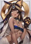  1girl animal_ear_fluff animal_ears bandeau bangs blue_bandeau blush breasts brown_eyes brown_gloves brown_hair cat_ears cleavage commentary_request dark_skin egyptian egyptian_clothes eyebrows_visible_through_hair fangs gloves hair_between_eyes hand_up jewelry kouyafu long_hair looking_at_viewer medium_breasts open_mouth original paw_gloves paws pendant slit_pupils solo v-shaped_eyebrows very_long_hair 