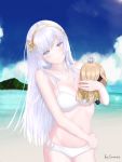 1girl anastasia_(fate/grand_order) artist_name beach bikini blue_eyes blush breasts cleavage cloud commentary doll earrings english_commentary fate/grand_order fate_(series) hairband head_tilt highres holding holding_doll jewelry long_hair looking_at_viewer lumos_(noblese96) medium_breasts ocean silver_hair sky smile solo swimsuit white_bikini 