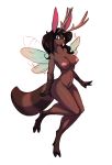  2016 anthro antlers big_breasts black_hair blush breasts female flying green_eyes hair hooves horn hybrid long_hair looking_at_viewer mits_(character) navel nipples nude pussy simple_background smile solo tongue tongue_out watsup white_background wings 