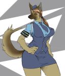  anthro blue_clothing bottomwear breasts brown_fur brown_hair canid canine canis cheek_tuft clothing domestic_dog ear_tuft female front_view fur hair hand_on_hip hat headgear headwear hi_res ketsuneko looking_aside mammal multicolored_fur necktie portrait red_eyes skirt smile solo three-quarter_portrait tied_hair tuft two_tone_fur uniform 