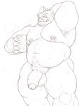  2019 5_fingers anthro ashigara balls biceps cellphone dsharp_k eye_scar facial_hair hair hi_res humanoid_penis male mammal musclegut muscular muscular_male navel nipple_piercing nipples nude pecs penis phone piercing pubes scar simple_background solo steam tokyo_afterschool_summoners uncut ursid video_games white_background 