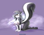  2019 all_fours anthro big_breasts breasts clenched_teeth female green_eyes grey_hair hair implied_transformation mammal mephitid nipples nude raised_tail simple_background skunk solo surprise teeth tgwonder 