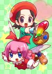  2girls :d adeleine beret black_hair blush_stickers fairy fairy_wings female hat highres kirby_(series) kirby_64 multiple_girls nintendo open_mouth paintbrush palette pink_hair ribbon_(kirby) short_hair skirt smile tendou_asuto wings 