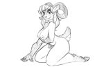  2018 absurd_res anthro bite biting_lip bovid breasts buttram caprine chest_tuft female goat hair hi_res hooves horn kneeling lips long_hair looking_at_viewer mammal monochrome nipples nude self_bite simple_background smile solo teats tuft watsup white_background 