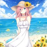  1girl bangs bare_shoulders beach blue_eyes blue_sky blush breasts brown_headwear choker closed_mouth cloud cloudy_sky collarbone commentary day dress english_commentary eyebrows_visible_through_hair eyes_visible_through_hair flower go-toubun_no_hanayome hair_between_eyes hat hat_flower head_tilt horizon long_hair medium_breasts nakano_miku ocean outdoors pink_hair rocm_(nkkf3785) sand sky sleeveless sleeveless_dress smile solo standing straw_hat sunflower water white_choker white_dress yellow_flower 