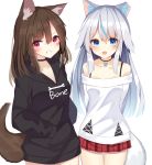  2girls animal_ear_fluff animal_ears bangs bare_shoulders black_choker black_hoodie blue_eyes blue_hair blush breasts brown_hair choker collarbone dog_ears dog_tail eyebrows_visible_through_hair fang grin hair_between_eyes highres hood hood_down hoodie long_hair looking_at_viewer medium_breasts mizuki_ryuu multicolored_hair multiple_girls off-shoulder_shirt off_shoulder open_mouth original plaid plaid_skirt pleated_skirt purple_eyes red_eyes red_skirt shirt silver_hair simple_background skirt smile streaked_hair tail very_long_hair white_background white_shirt 