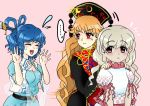  3girls belt blonde_hair blue_dress blue_hair blush breasts brown_eyes chinese_clothes cleavage collar commentary dark_skin dress earlobes ebisu_eika eyes_closed flying_sweatdrops frilled_collar frills hair_ornament hair_rings hair_stick hands_up hat junko_(touhou) kaku_seiga long_hair long_sleeves looking_at_another multiple_girls myouga_teien nail_polish open_mouth orange_hair pink_background polka_dot puffy_short_sleeves puffy_sleeves red_eyes red_nails shawl shirt short_hair short_sleeves simple_background standing sweatdrop tabard touhou upper_body very_long_hair vest wavy_hair white_shirt wide_sleeves 