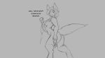  16:9 2018 anthro bra breasts butt canid canine canis clothing dialogue embarrassed female grey_background hair mammal monochrome multi_breast nipples nude post_transformation short_hair simple_background solo standing sweat sweatdrop underwear watsup wolf 