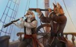  2019 5_fingers anthro brown_fur brown_nose canid canine canis clothed clothing coyote day digital_media_(artwork) duo fur male mammal maned_wolf outside pirate ship standing telescope vehicle wolnir 
