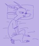  2019 ambiguous_gender antelope anthro band-aid bandage bottomless bovid clothed clothing facial_markings fuel_(artist) fuel_(character) gazelle half-closed_eyes horn low_res lying mammal markings monochrome on_side pillow purple_background purple_theme simple_background solo 