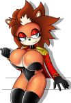  big_breasts blue_eyes boots breasts cleavage clothed clothing collar eyeshadow female footwear gloves hybrid jacket looking_at_viewer makeup tight_clothing topwear wide_hips zamboni_(oc) 