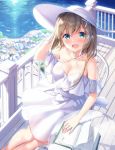  1girl bangs bare_shoulders blue_eyes blush book braid breasts brown_hair chair cleavage collarbone crossed_bangs dress eyebrows_visible_through_hair glass_table green_eyes hair_ribbon hand_on_head hand_on_own_head hand_up hat highres large_breasts long_hair looking_at_viewer masuishi_kinoto medium_hair multicolored multicolored_eyes open_mouth original ribbon side_braid sitting smile solo sun_hat table white_dress 
