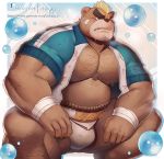  2018 5_fingers anthro ashigara bandage biceps body_hair bubble bulge chest_hair crouching dsharp_k eyebrows facial_hair japanese_text male mammal muscular muscular_male nipples patreon pecs solo sweat text thick_eyebrows tokyo_afterschool_summoners ursid video_games 