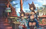  2girls :d animal_ear_fluff animal_ears bare_shoulders belt black_hair black_shorts blue_sky blush bottle breasts brown_gloves brown_legwear building cat_ears cat_girl cleavage cloud collarbone crate crop_top cup day dress fantasy fingerless_gloves front-tie_top gloves hair_ornament hand_holding head_tilt highres holding holding_bottle holding_cup house looking_at_viewer medium_breasts midriff multiple_girls multiple_others navel open_mouth original outdoors short_hair short_shorts shorts sign sitting sky small_breasts smile spaghetti_strap stomach striped striped_legwear sunlight table thighhighs white_dress white_legwear yu_ni_t 