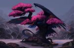  2019 absurd_res allagar ambiguous_gender blue_eyes claws day detailed_background digital_media_(artwork) dragon feathered_dragon feathered_wings feathers feral grass hi_res outside tree wings 