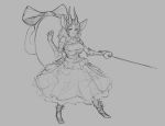  2019 animal_humanoid big_breasts blush breasts clothing dress female grey_background hair horn humanoid long_hair long_tail mammal melee_weapon monochrome rapier ribbons rodent rodent_humanoid sciurid sciurid_humanoid simple_background solo squirrel_humanoid standing sword tail_ribbon watsup weapon 