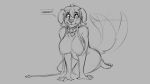  16:9 2019 anthro big_breasts blush breasts canid canine canis collar dialogue domestic_dog excited female grey_background hair leash looking_at_viewer mammal monochrome navel nipples nude simple_background smile solo tailwag watsup 