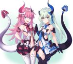  2girls :d bangs bare_shoulders black_gloves black_legwear black_panties blue_eyes blush breasts choker closed_mouth cowboy_shot fang garter_straps gloves green_hair hair_ornament hands_together highres honkai_(series) honkai_impact_3rd horn liliya_olyenyey long_hair looking_at_viewer mismatched_gloves multiple_girls navel open_mouth panties pink_hair pnt_(ddnu4555) revealing_clothes rozaliya_olyenyey siblings small_breasts smile standing stomach tail thick_eyebrows thighhighs twins underwear white_gloves white_legwear 