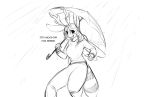  2018 anthro antlers breasts clothing dialogue female hair happy horn hybrid long_hair looking_at_viewer mits_(character) monochrome open_mouth pants raining shirt simple_background smile snout solo topwear umbrella watsup white_background 