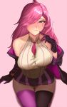  bare_shoulders battle_academia_katarina blue_eyes breasts hair_over_one_eye highres katarina_du_couteau large_breasts league_of_legends lips long_hair pink_hair skirt thighhighs 
