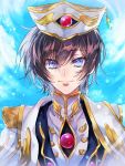  1boy blue_eyes brown_hair code_geass eyebrows_visible_through_hair gem hair_between_eyes hat lelouch_lamperouge looking_at_viewer male_focus shiny shiny_hair short_hair smile solo sumi_otto white_headwear 