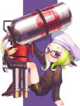  1girl :o arm_up backwards_hat belt belt_buckle bike_shorts black-framed_eyewear black_belt black_footwear black_jacket boots buckle full_body glasses green_hair hat highres hydra_splatling_(splatoon) jacket leg_up long_hair long_sleeves looking_at_viewer multiple_belts octarian octoling open_mouth peaked_cap purple_eyes silhouette single_vertical_stripe sitting sleeves_past_wrists solo splatoon splatoon_(series) splatoon_2 suction_cups suzuhiro tentacle_hair white_headwear 