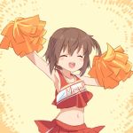  1girl arm_up armpits arms_up bangs bare_arms blush brown_hair cheerleader clothes_writing crop_top etou_kanami eyebrows_visible_through_hair eyes_closed hair_between_eyes holding midriff miniskirt navel one_side_up open_mouth outstretched_arms pleated_skirt pom_poms short_hair simple_background skirt sleeveless smile solo standing stomach takano_natsuki toji_no_miko upper_body 