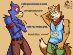 4:3 anthro avian canid canine clothed clothing dialogue duo english_text falco_lombardi fox_mccloud male mammal neckerchief nintendo star_fox text topless ventkazemaru video_games whiskers 