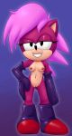  anthro armwear big_head bluebee boots breasts clothing elbow_gloves eulipotyphlan female footwear gloves grin hair half-closed_eyes hand_on_hip hedgehog hi_res mammal mostly_nude navel ninoeros nipples nude purple_hair pussy shoes simple_background smile solo sonia_the_hedgehog sonic_(series) sonic_underground sr young 