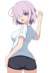  1girl :d alternate_costume arm_up ass black_shorts breasts commentary_request cowboy_shot fate/grand_order fate_(series) from_side hair_over_one_eye hand_on_hip leaning_forward looking_at_viewer looking_back mash_kyrielight medium_breasts open_mouth pink_hair purple_eyes ryuunonon shirt short_hair short_shorts short_sleeves shorts simple_background smile solo white_background white_shirt 