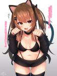  1girl :3 animal_ears bangs belly black_bow black_bra black_collar black_legwear black_panties black_shirt black_shorts bow bra breasts brown_hair cat_ears cat_tail clenched_hands collar commentary_request cowboy_shot eyebrows_visible_through_hair fang girls_frontline hair_bow hair_ornament hair_ribbon hairclip happy head_tilt highres leaning_forward long_hair long_sleeves looking_at_viewer medium_breasts navel open_clothes open_mouth open_shirt panties paw_pose ramchi red_eyes ribbon scar scar_across_eye shirt short_shorts shorts simple_background slit_pupils smile speech_bubble string_panties tail thighhighs thighs translation_request twintails ump9_(girls_frontline) underwear white_background yellow_pupils 