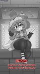  absurd_res animal_crossing anthro breasts clothing eye_patch eyewear female gloves goro_majima hi_res isabelle_(animal_crossing) knife monochrome nintendo pkfirefawx text thick_thighs video_games yakuza_(series) 