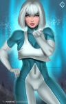  1girl absurdres artist_name blue_eyes bodysuit covered_navel dc_comics endlesscomics freckles gloves highres ice ice_(dc_comics) justice_league patreon_logo patreon_username snowing solo tora_olafsdotter watermark web_address white_hair 