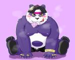  2019 5:4 alp_(tas) anthro belly blush bulge clothing fur giant_panda hat headgear headwear hi_res humanoid_hands male mammal mohumohudansi moobs nipples overweight overweight_male purple_background purple_fur simple_background sitting solo tokyo_afterschool_summoners tongue tongue_out underwear ursid video_games 