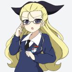  1girl adjusting_eyewear assam bespectacled black_neckwear black_ribbon blonde_hair blue_eyes blue_sweater clenched_hand commentary_request dress_shirt emblem frown girls_und_panzer glasses grey-framed_eyewear grey_background hair_pulled_back hair_ribbon ichinose_jun light_blush long_hair long_sleeves looking_at_viewer necktie open_mouth partial_commentary ribbon school_uniform shirt simple_background solo st._gloriana&#039;s_(emblem) st._gloriana&#039;s_school_uniform standing sweater upper_body v-neck white_shirt wing_collar 