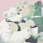  1:1 2019 anthro belly beverage canid canine canis clothing coffee cu_sith_(tas) domestic_dog dumdum duo eyes_closed eyewear fur glasses hi_res hug humanoid_hands leib_(tas) male mammal necktie overweight overweight_male pink_background polar_bear scarf shirt simple_background smoking tokyo_afterschool_summoners topwear ursid ursine video_games white_fur 