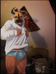  anthro bovid bovine bulge cattle clothed clothing furrup hi_res male mammal mask muscular muscular_male nozomyarts pup_mask pup_play solo underwear 