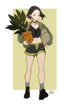  1girl ask_(dreaming_cat) black_choker brown_hair choker eyes_closed highres leon_the_professional mathilda_lando plant potted_plant short_hair shorts walking 