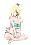  1girl aqua_bikini bare_arms bare_legs bare_shoulders barefoot bikini blonde_hair blue_eyes blush breasts cleavage collarbone commentary_request crown earrings frilled_bikini frills full_body hair_over_one_eye indian_style jewelry large_breasts long_hair looking_at_viewer mario_(series) navel nintendo parted_lips relaxjon rosalina signature simple_background sitting solo super_mario_galaxy swimsuit white_background 