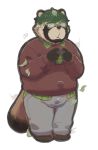  2019 anthro bulge canid canine clothing eyewear glasses hi_res leaf male mammal overweight overweight_male pants phone raccoon_dog shirt simple_background solo tanuki topwear un0sk 
