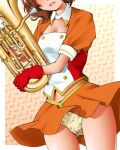  1girl :d blush brown_hair commentary_request dr_rex euphonium floral_print gloves gluteal_fold head_out_of_frame hibike!_euphonium holding holding_instrument instrument navel open_mouth orange_skirt oumae_kumiko panties pleated_skirt print_panties puffy_short_sleeves puffy_sleeves red_gloves round_teeth shirt short_sleeves skirt smile solo teeth underwear upper_teeth white_shirt yellow_panties 