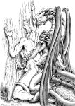  1999 anthro bestiality canid canine canis cum dragon duo erection feral hi_res interspecies karabiner male male/male mammal monochrome nude penis scales scalie wolf 