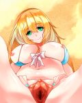  1girl atago_(kantai_collection) blonde_hair blush breasts censored green_eyes irigoy kantai_collection large_breasts long_hair looking_at_viewer pussy shiny shiny_hair shiny_skin spread_legs spread_pussy thighs 