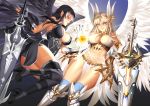 2girls absurdres angel angel_wings armor armored_dress aselica_(king&#039;s_raid) ass bikini_armor black_hair blonde_hair blue_eyes boots braid breasts dress dual_persona fingerless_gloves from_behind gloves highres king&#039;s_raid large_breasts long_hair lucknight multiple_girls open_mouth panties parted_lips pointy_ears red_eyes short_dress sword thigh_boots thighhighs underwear upskirt weapon wings 