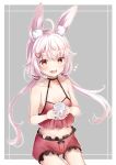  1girl :d ahoge animal_ear_fluff animal_ears bangs bare_arms bare_shoulders black_choker blush bunny_ears camisole choker collarbone cup eyebrows_visible_through_hair fang fingernails frilled_shorts frills grey_background hair_between_eyes hair_ornament heart heart_hair_ornament highres holding holding_cup long_hair looking_at_viewer low_twintails mashiro_aa midriff mug nail_polish navel open_mouth pink_hair print_mug red_camisole red_eyes red_nails red_shorts short_eyebrows short_shorts shorts sitting smile solo thick_eyebrows tomari_mari tomari_mari_channel twintails two-tone_background very_long_hair virtual_youtuber white_background 