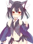  1girl animal_ear_fluff animal_ears bangs bare_shoulders bell black_hair black_panties blush brown_eyes cat_ears closed_mouth collarbone commentary_request detached_sleeves eyebrows_visible_through_hair fake_animal_ears fate/kaleid_liner_prisma_illya fate_(series) grey_hairband grey_shirt hair_between_eyes hair_ribbon hairband hand_up highres holding jingle_bell long_sleeves looking_at_viewer miyu_edelfelt navel nose_blush panties purple_sleeves ribbon shirt sidelocks simple_background sketch sleeveless sleeveless_shirt sleeves_past_wrists solo twintails underwear white_background white_ribbon yuku_(kiollion) 