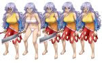  5girls :d ^_^ bandage bangs bare_arms bare_legs bare_shoulders barefoot blush breasts cleavage clenched_teeth closed_eyes collarbone commentary_request constricted_pupils daajirin.koucha detached_sleeves dress eyebrows_visible_through_hair eyes_closed fang fangs full_body fundoshi hair_between_eyes hatchet holding holding_weapon japanese_clothes large_breasts long_hair long_sleeves looking_at_viewer messy_hair multicolored multicolored_clothes multicolored_dress multiple_girls multiple_persona open_mouth orange_dress oriental_hatchet red_dress red_eyes sakata_nemuno sarashi shaded_face sharp_teeth silver_hair simple_background single_strap smile standing teeth thighs touhou v-shaped_eyebrows very_long_hair weapon white_background wide_sleeves yellow_dress 